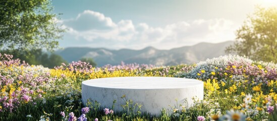 Aufkleber - Abstract 3D render of a spring scene featuring a natural podium background with a white stone podium set against a vibrant field of flowers and grass ideal for product display and advertising
