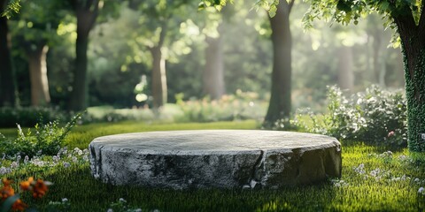 Aufkleber - Abstract realistic 3D render of a spring setting featuring a stone podium on a grassy field in a forest ideal for product presentation advertising or mockups