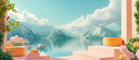 Poster - Abstract landscape scene for spring and summer featuring geometric shapes a lake and floral elements in 3D rendering