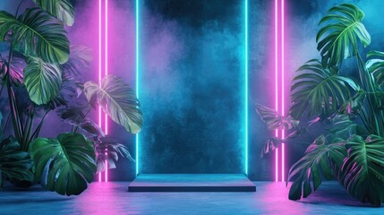 Poster - Product Display Featuring Neon Lighting and Monstera Leaves Minimalistic Design Vaporwave Art and Futuristic Concept 3D Rendering