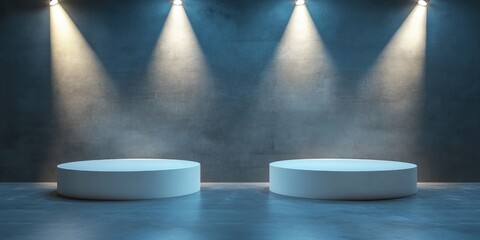 Aufkleber - Two illuminated white podiums showcased under bright spotlights 3D rendering