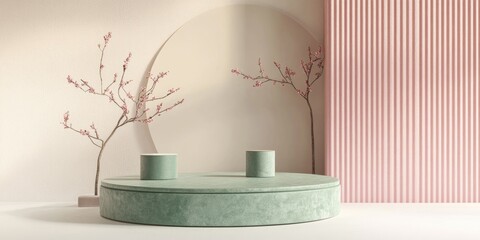 Wall Mural - Minimal podium designed for product display featuring geometric shapes in green cream and pink hues Abstract cosmetic backdrop Unoccupied setting Soft cream pastel wall Fashion presentation 3D rend