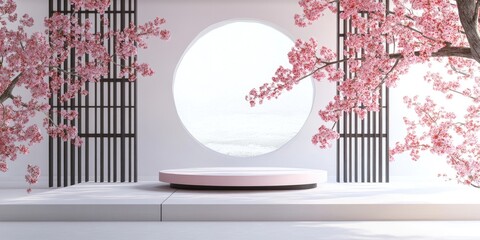 Poster - Japanese style architecture with a cherry blossom tree and a podium against a white background for product presentation 3D rendering illustration