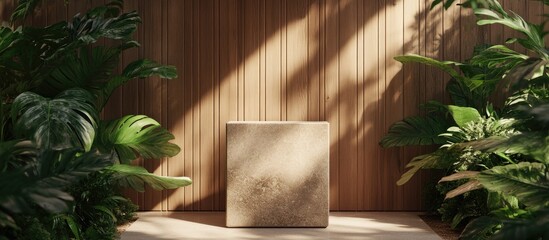 Aufkleber - Elegant stone pedestal surrounded by soft foliage and dappled sunlight A wooden backdrop enhances depth and sophistication perfect for high end product displays and refined designs