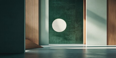 Poster - Green scene with a wall and floor featuring a wooden frame and geometric shapes in 3D rendering