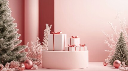 Aufkleber - Christmas podium for branding and packaging display Product showcase featuring gift boxes festive presentation Cosmetics and fashion 3D rendering
