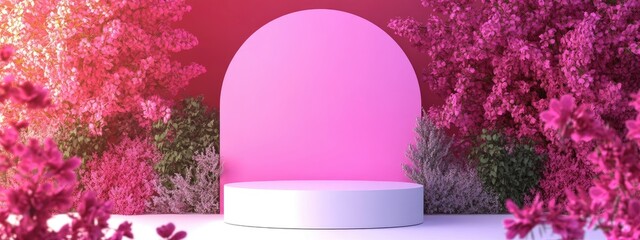 Poster - Square pink arch featuring a square opening accompanied by a white round podium display alongside abstract geometric shapes and foliage against a vibrant backdrop Minimalist design Contemporary ab