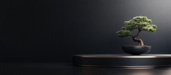 Leinwandbilder - Japanese cosmetic theme featuring a 3D abstract podium and bonsai tree set against a black background for product showcasing 3D rendered illustration