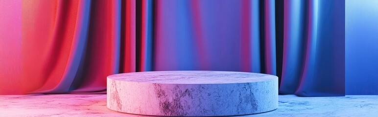 Poster - Terrazzo marble pedestal with fabric backdrop for showcasing products Aesthetic platform representing natural beauty relaxation and wellness 3D rendering