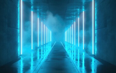 Aufkleber - Smoke and Neon Lights in a Glowing Blue Futuristic Tunnel with a Sci Fi Aesthetic Featuring a Virtual Stage Set in a Dark Concrete Environment 3D Rendered Illustration