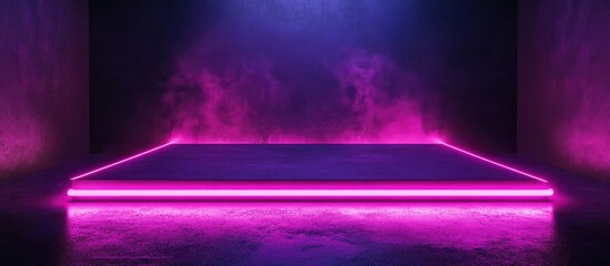 Poster - Blank product display with neon lights in a dark room background 3D rendering illustration