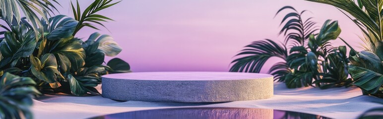 Canvas Print - Abstract podium on a sandy backdrop Stone pedestal with a reflective surface surrounded by tropical foliage Realistic pastel purple mock up for product promotion and presentation 3D rendering