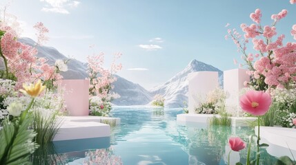 Poster - Abstract landscape scene of spring and summer featuring geometric shapes a lake and floral views in 3D rendering