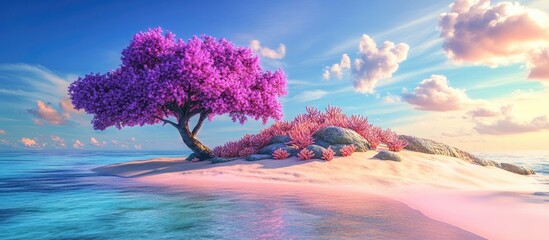 Poster - Surreal 3D rendering of a pastel purple tree in a vibrant landscape featuring a colorful island and coral on a sandy dune set against a blue sky and ocean