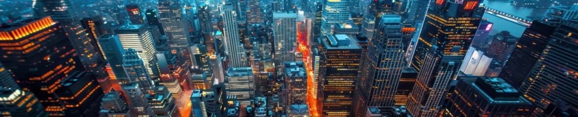  A vibrant aerial view of a cityscape at night, illuminated with colorful lights from buildings and streets below. Free copy space for banner.