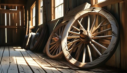 Nostalgic rustic wooden wagon wheel against barn wall with sunlight rays illuminating the scene