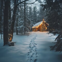 Poster - A cozy cabin adorned with Christmas lights in a snowy forest setting.