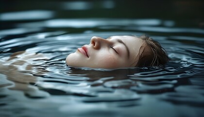 Wall Mural - Serene close-up of a face nestled in rippling water, eyes closed in tranquil bliss