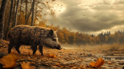 Wall Mural - Wild Boar in an Autumn Forest with Falling Leaves