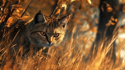 Wall Mural - A Wildcat Peering from the Tall Grass in Autumn