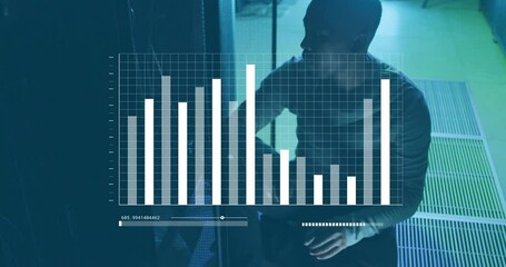 Poster - animation of financial data processing over african american businessman working in server room