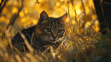 Sticker - A Tabby Cat Peering Out From Behind Tall Grass