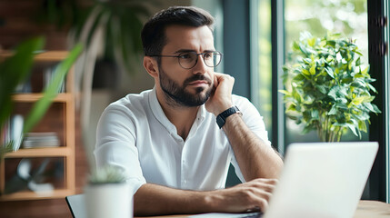 Canvas Print - Businessman in an online meeting, thinking about work projects and finding solutions