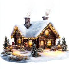 Wall Mural - A cozy log cabin adorned with lights and snow, creating a festive winter atmosphere.