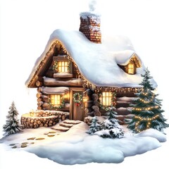 Wall Mural - A cozy log cabin adorned with snow and lights, surrounded by snowy trees.