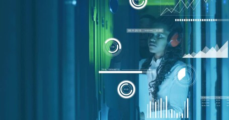 Poster - animation of financial data processing over african american colleagues working in server room