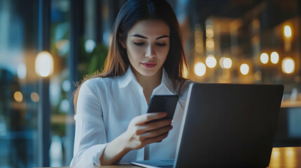 Canvas Print - Businesswoman using a smartphone and laptop, searching for information and online working