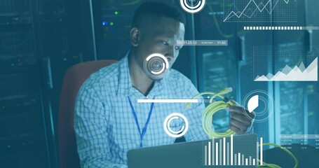 Poster - Animation of financial data processing over african american businessman working in server room