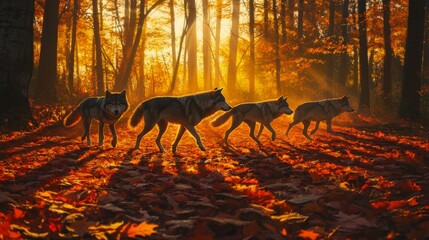 Wall Mural - A Pack of Wolves Walking Through an Autumn Forest