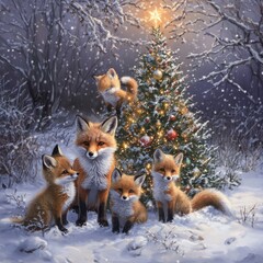 Sticker - A cozy winter scene featuring foxes around a decorated Christmas tree in a snowy landscape.