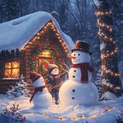 Wall Mural - A cozy winter scene with a family building a snowman near a decorated cabin.