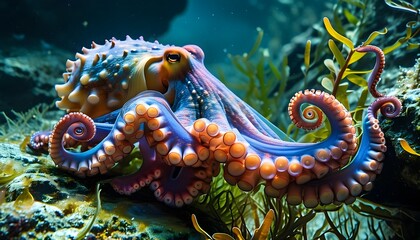 Wall Mural - Colorful octopus gracefully explores vibrant underwater habitat, tentacles dancing amidst rocks and lush aquatic plants, celebrating marine beauty.