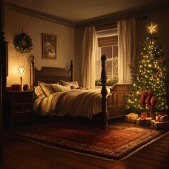 Poster - A cozy, festive bedroom with a Christmas tree, stockings, and holiday decorations.