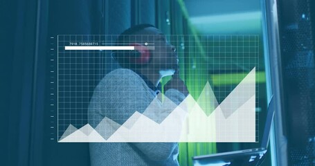 Poster - animation of data processing and diagram over biracial male worker in server room
