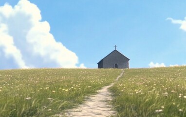Wall Mural - Pathway Through Wildflower Field Leading to Ancient Stone Church Under Gentle Clouds