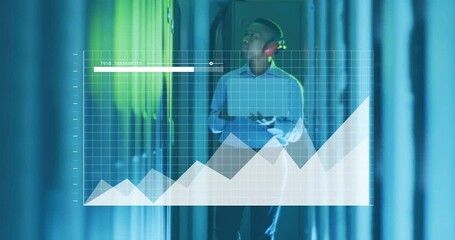Poster - animation of financial data processing over african american businessman working in server room