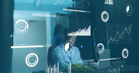 Poster - animation of financial data processing over african american colleagues working in server room