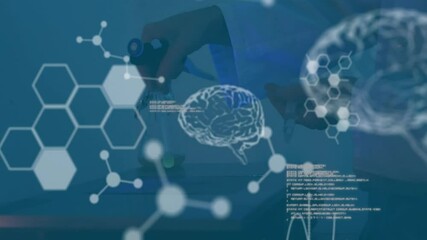 Poster - Animation of chemical formula and data processing over biracial female scientist doing experiment