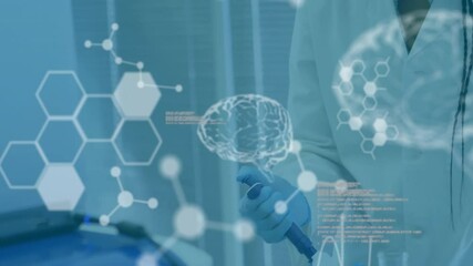 Poster - Animation of chemical formula and data processing over biracial female scientist doing experiment