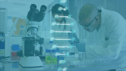 Poster - Animation of dna strand over biracial scientists doing experiment