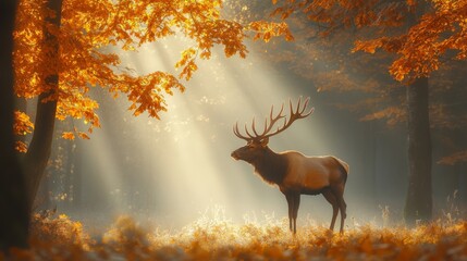 Wall Mural - Majestic Elk Stands in Sunlit Autumn Forest