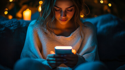 Young Woman at Home at Night, Illuminated by Smartphone, Cozy and Serene, Nighttime Relaxation, Ambient Lighting, Modern Technology Use, Late Night Browsing