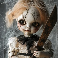 Wall Mural - A creepy doll with cracked porcelain skin, holding a rusty knife, surrounded by cobwebs.