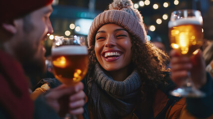 A group of people are holding up their beer glasses in a celebratory manner