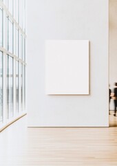 Poster - Modern Office with Bright White Concrete Wall Featuring Blank Poster and Motion Blur of Passing People