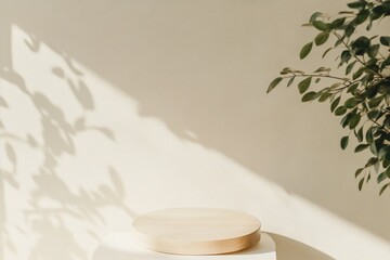 Aufkleber - Minimalist Wood Podium with Green Foliage Against Beige Background with Soft Shadows